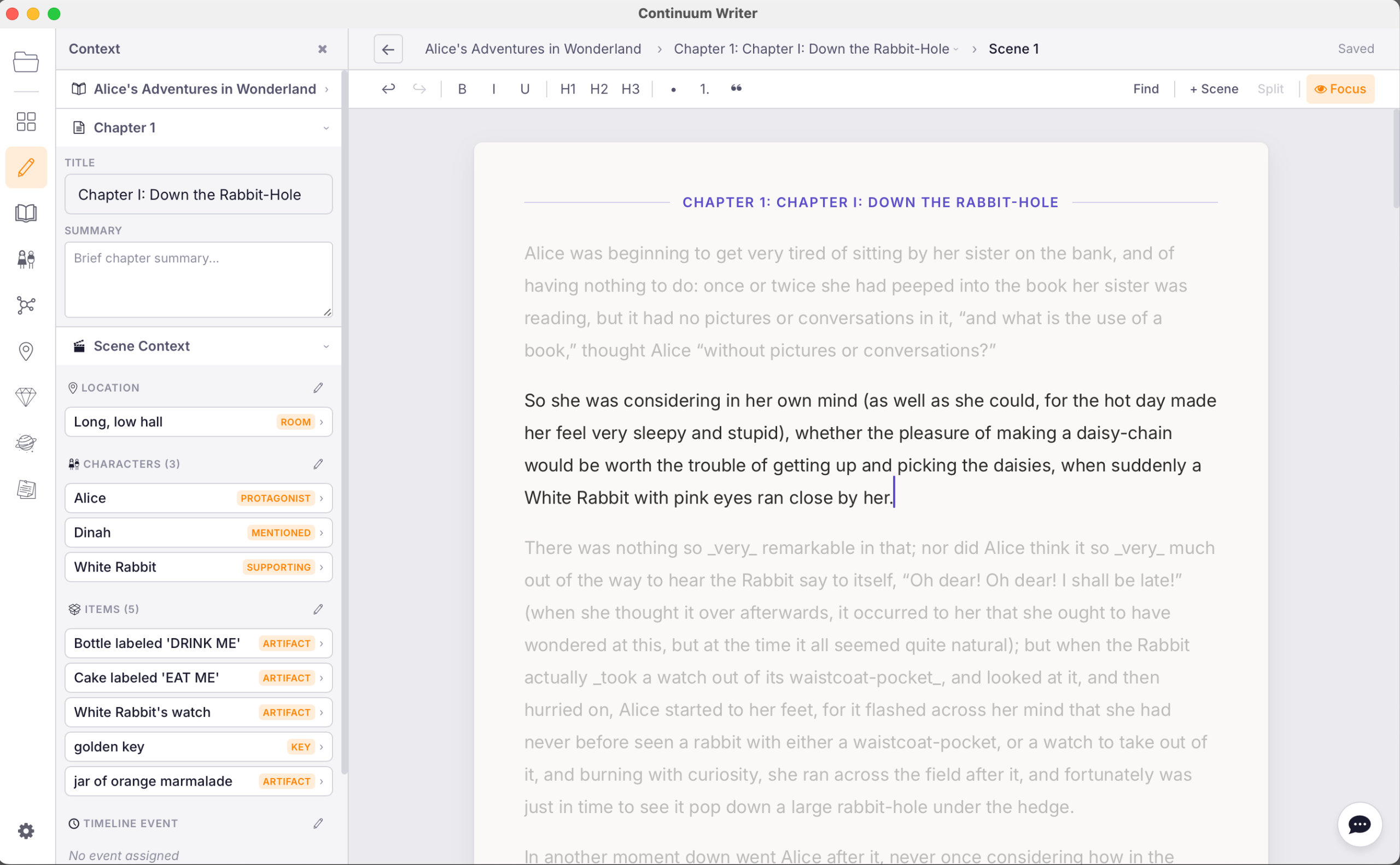 Continuum Writer manuscript editor with focus mode